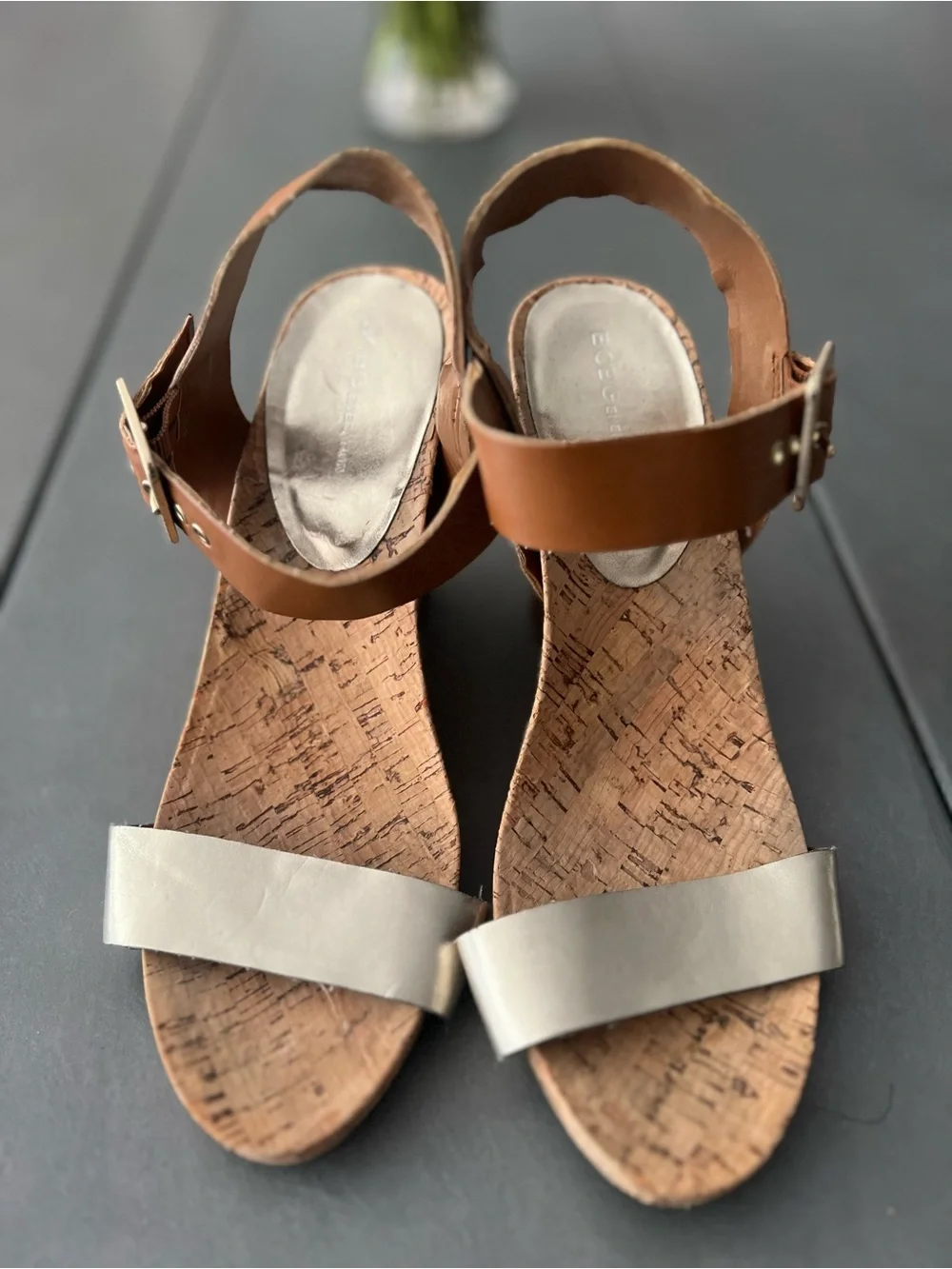 BCBGeneration Brown Cork Wedge Sandals Metallic Strap Casual Resort Size 10